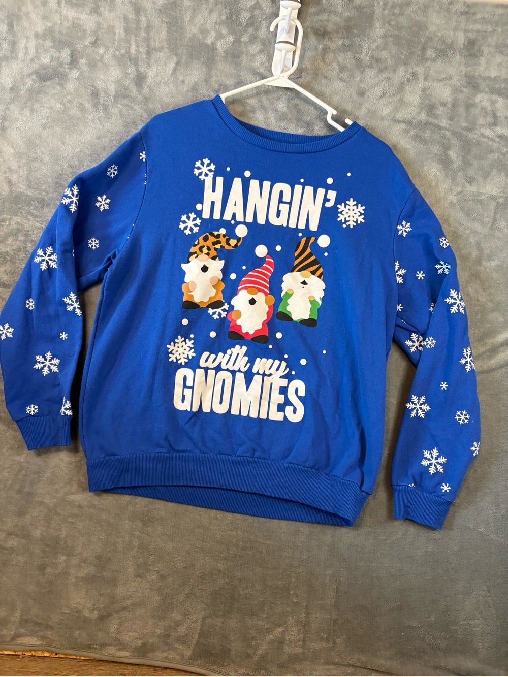 Adult holiday sweatshirt hanging with my gnomes.